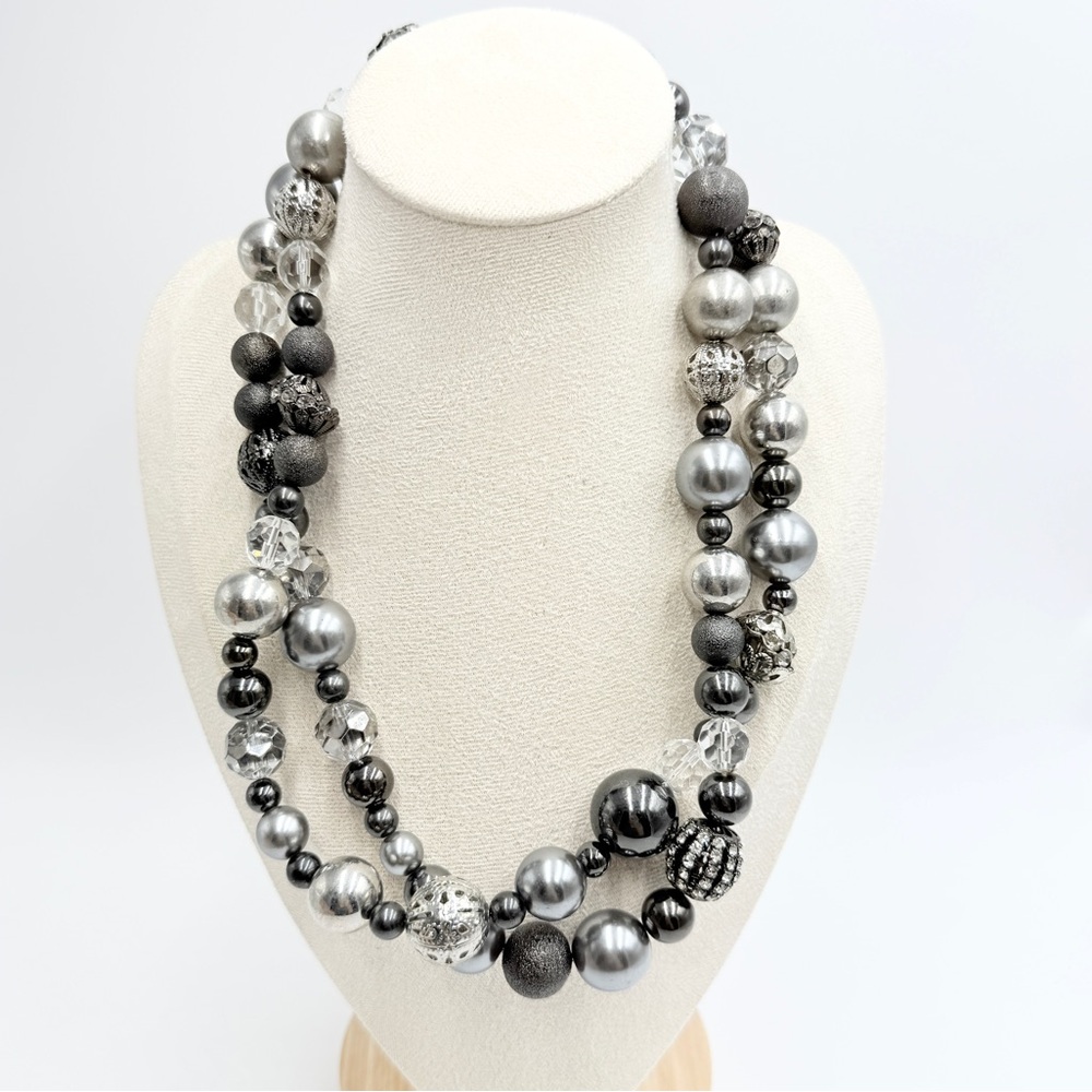 Chico’s Long Statement Necklace Faux Pearls Filigree Balls Crystals